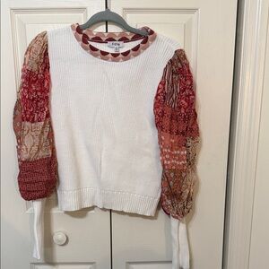 Fate White Sweater with Red Patterned Sleeves